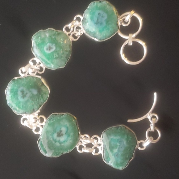 New Green Solar Slice Agate 925 Silver Bracelet. - Picture 7 of 12